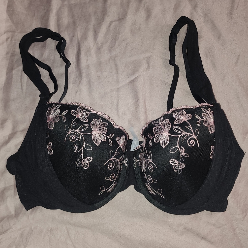 Adore Me Black and Pink Floral Bra